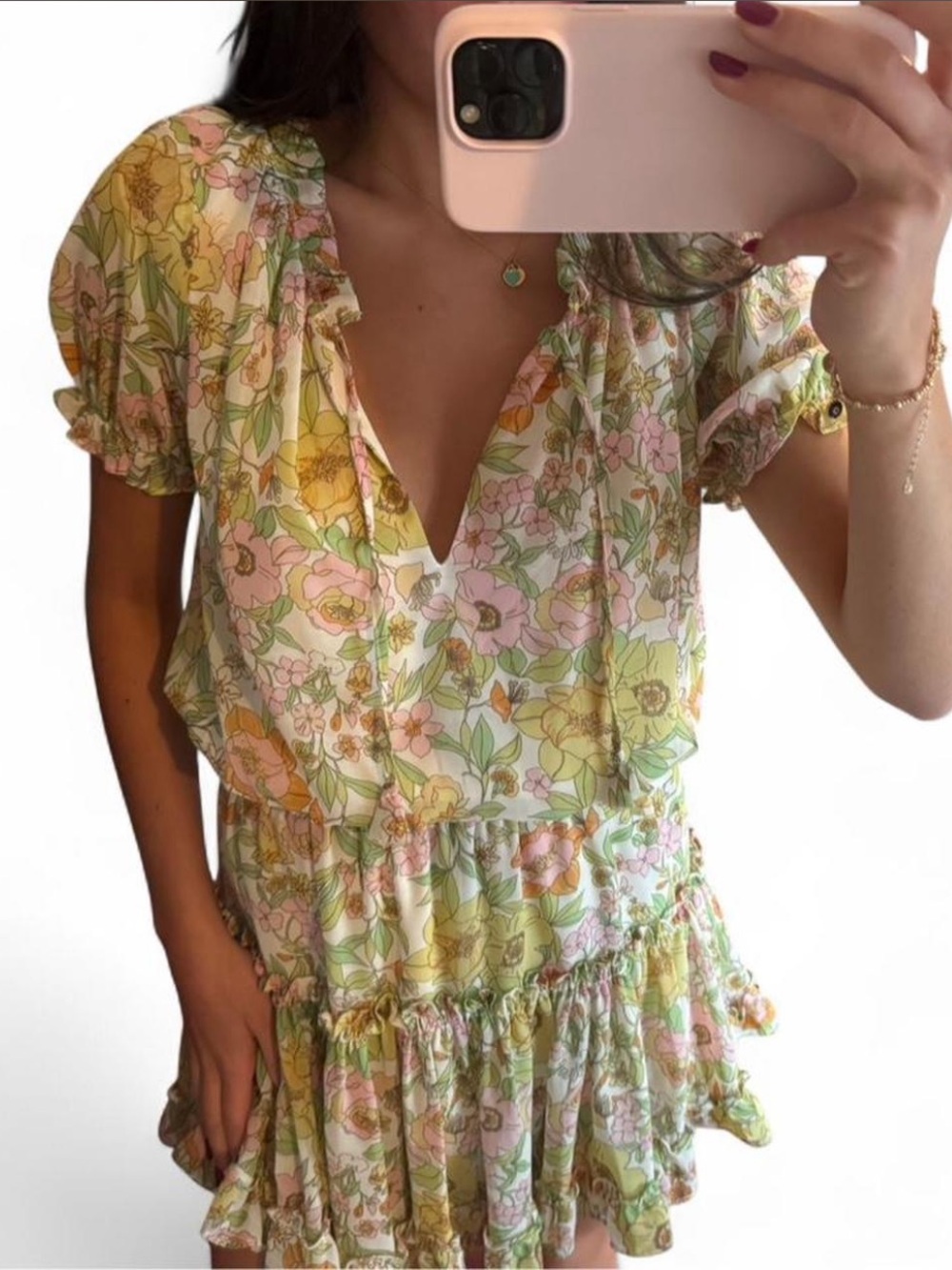 Pink, Green, & Yellow Misa Los Angeles Look Alike Mini Floral Dress w/ Ruffle De